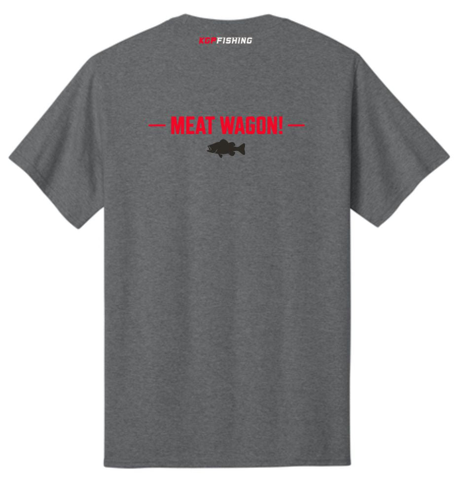 A gray short sleeve t-shirt is pictured from the back. It features "KGP Fishing" in red and white along the tag area. A design across the shoulder blades reads "MEAT WAGON!" and a filled in black fish is directly below the words.