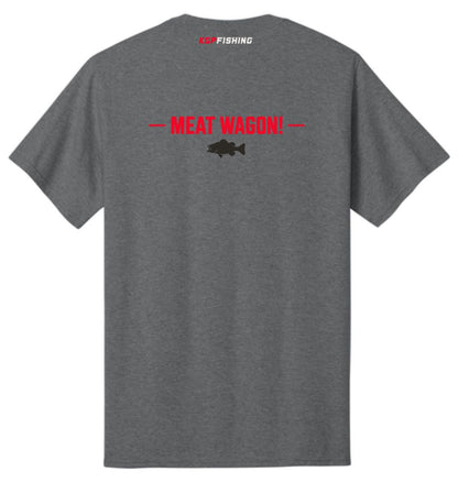 A gray short sleeve t-shirt is pictured from the back. It features "KGP Fishing" in red and white along the tag area. A design across the shoulder blades reads "MEAT WAGON!" and a filled in black fish is directly below the words. 