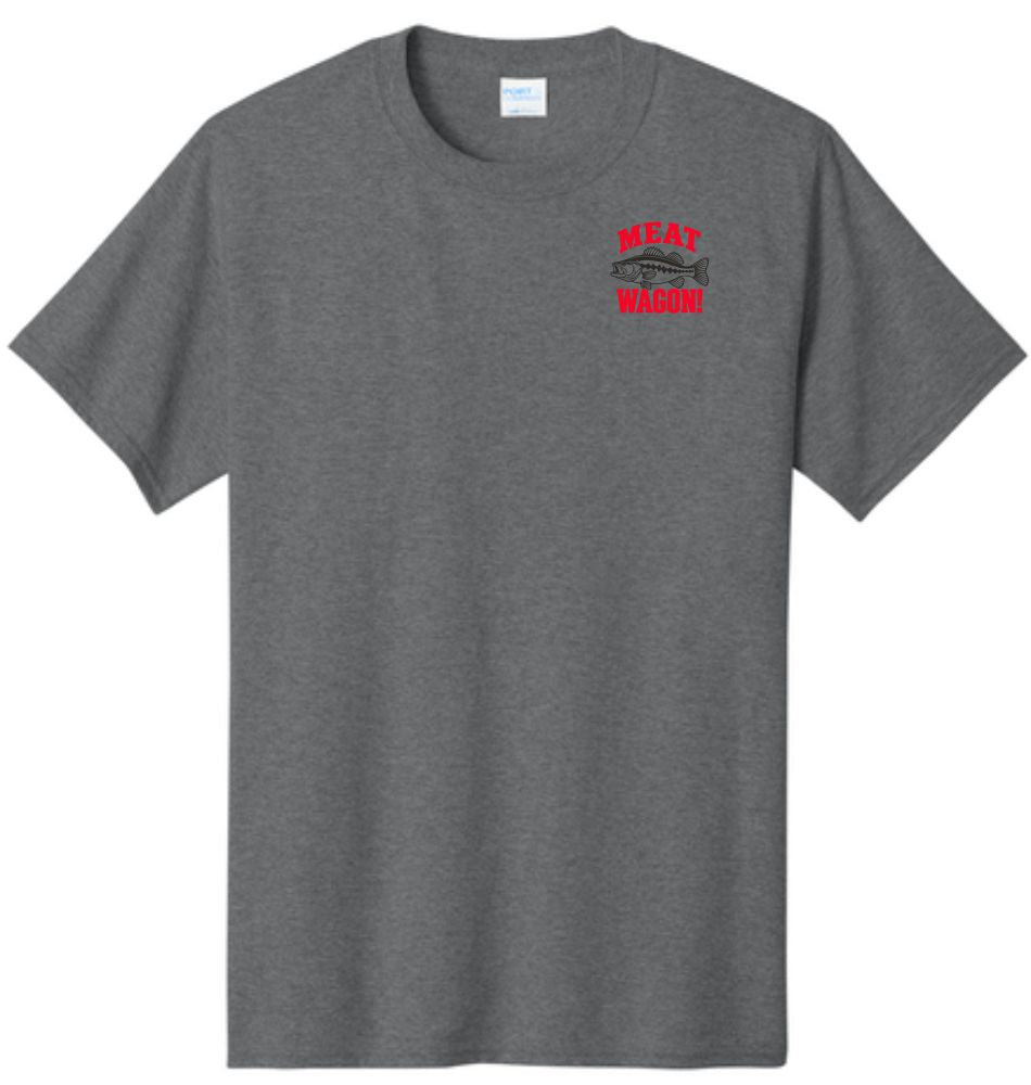A gray short sleeve crewneck t-shirt is shown from the front. A screen-printed logo is featured on the left chest, which includes a black illustration of a fish and the words "MEAT WAGON!" surrounding it in red.
