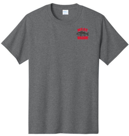 A gray short sleeve crewneck t-shirt is shown from the front. A screen-printed logo is featured on the left chest, which includes a black illustration of a fish and the words "MEAT WAGON!" surrounding it in red.