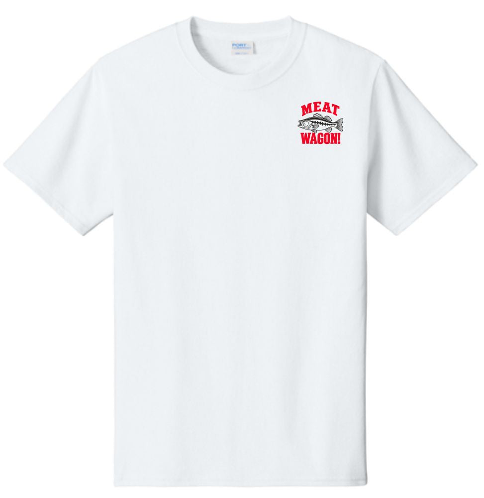 A white crewneck short sleeve t-shirt is shown from the front. A screen-printed logo is featured on the left chest, which includes a black illustration of a fish and the words "MEAT WAGON!" surrounding it in red.