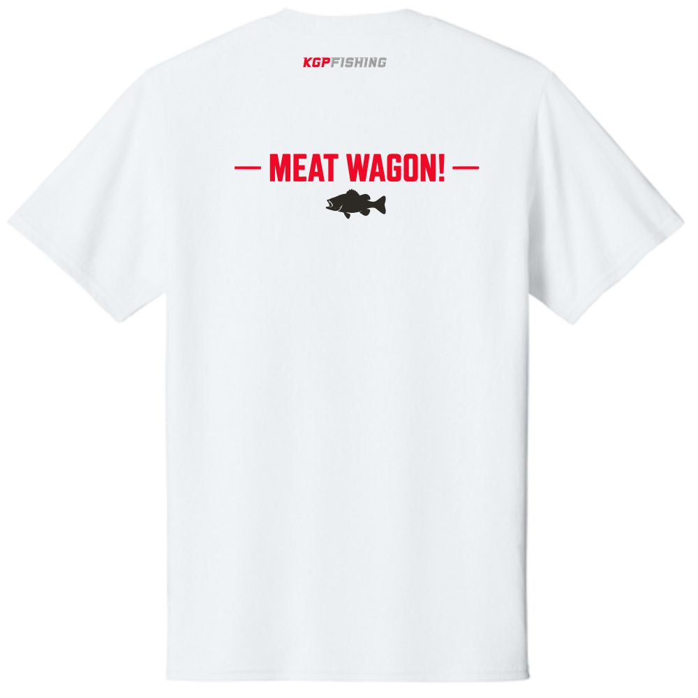 A white short sleeve t-shirt is shown from the back. It features "KGP Fishing" in red and gray along the tag area. A design across the shoulder blades says "MEAT WAGON!" and a filled in black fish is directly below the words. 