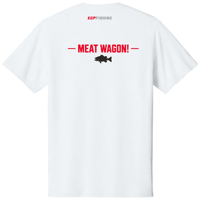 A white short sleeve t-shirt is shown from the back. It features "KGP Fishing" in red and gray along the tag area. A design across the shoulder blades says "MEAT WAGON!" and a filled in black fish is directly below the words. 